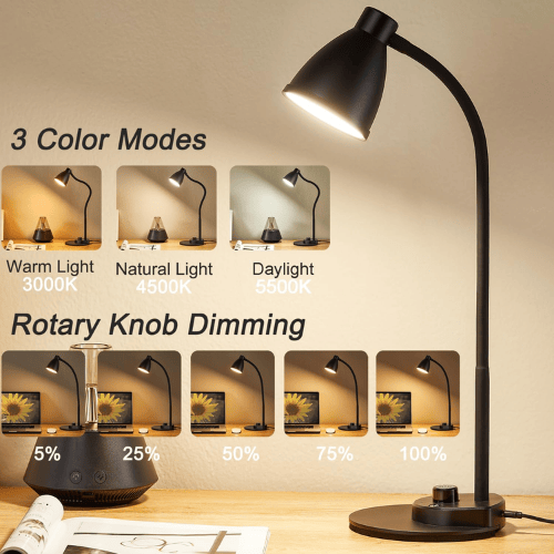 Smart Auto-Dimming Table Light with 3 Color Modes, Flexible Neck & Rotary Knob Control