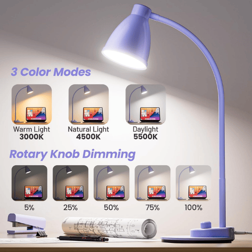 Smart Auto-Dimming Table Light with 3 Color Modes, Flexible Neck & Rotary Knob Control