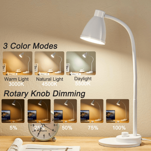 Smart Auto-Dimming Table Light with 3 Color Modes, Flexible Neck & Rotary Knob Control