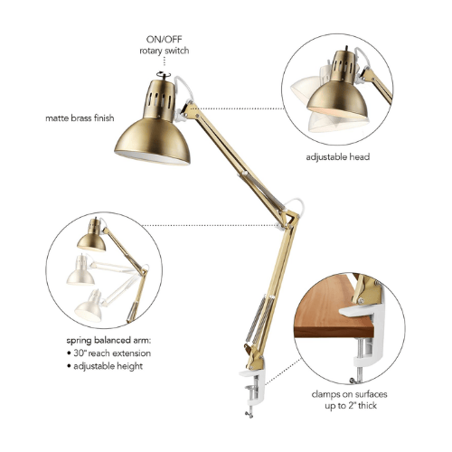 Swing Arm Clamp-On Architect Desk Lamp with Brushed Nickel Accents