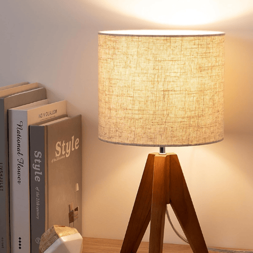 Small Cute Table Lamp, Wood Tripod Nightstand Lamp