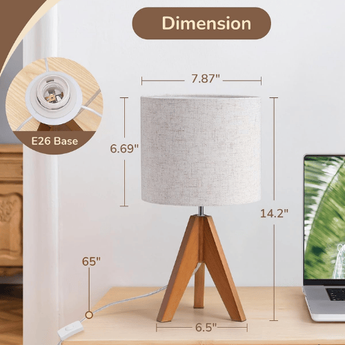 Small Cute Table Lamp, Wood Tripod Nightstand Lamp