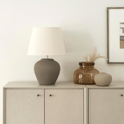 20" Matte Ceramic Table Lamp with Cream Fabric Shade