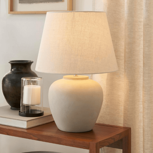 20" Matte Ceramic Table Lamp with Cream Fabric Shade