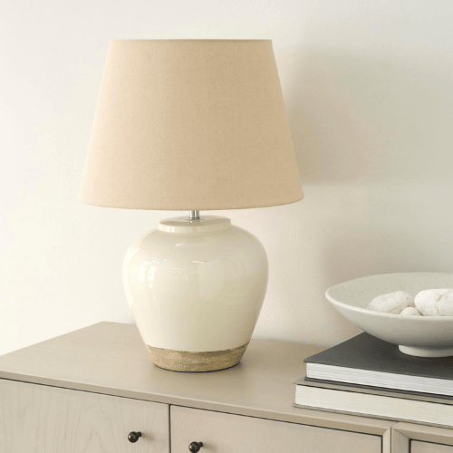 20" Matte Ceramic Table Lamp with Cream Fabric Shade