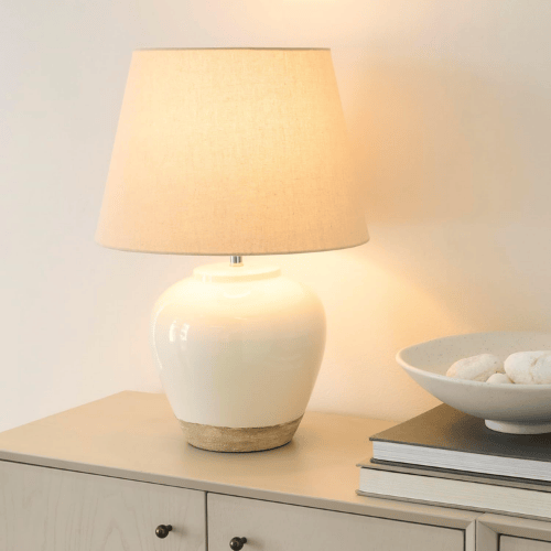 20" Matte Ceramic Table Lamp with Cream Fabric Shade